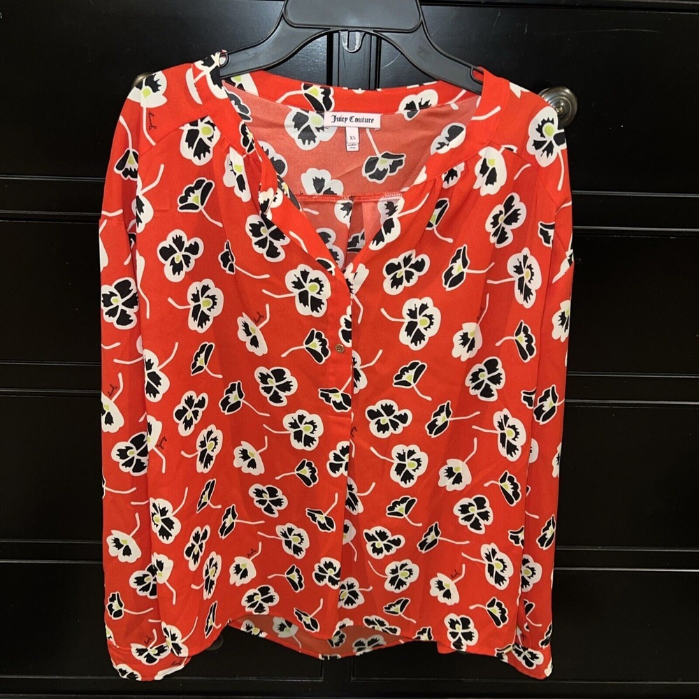 Juicy Couture Red And Black Poppy Print LS Blouse XS Pop Over Logo Valentine